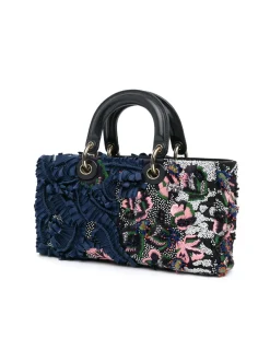 Preloved Beaded Ribbon Embroidered Floral Leather Handbag with