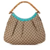 Preloved Canvas Bamboo Studded Hobo with Leather Trim and Bamboo