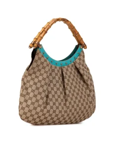 Preloved Canvas Bamboo Studded Hobo with Leather Trim and Bamboo