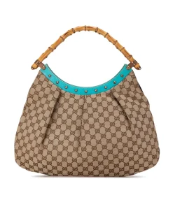 Preloved Canvas Bamboo Studded Hobo with Leather Trim and Bamboo