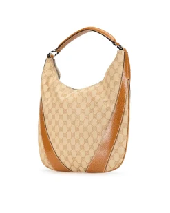 Preloved Canvas Hobo Bag with Leather Trim and Zip Closure