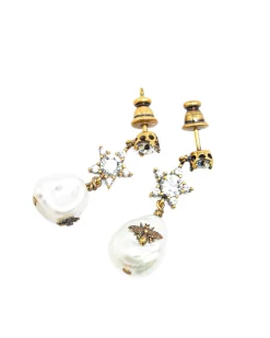 Preloved Gold Plated Crystal Star Bee Faux Pearl Drop Earrings
