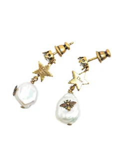 Preloved Gold Plated Crystal Star Bee Faux Pearl Drop Earrings