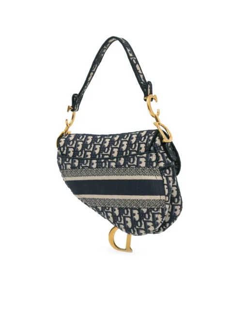 Preloved Medium Embroidered Canvas Saddle Bag with Leather Trim and