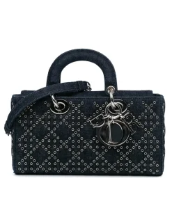 Preloved Quilted Denim Eyelet Top Handle Bag with Detachable Strap