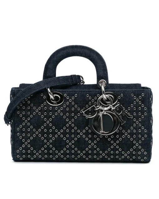 Preloved Quilted Denim Eyelet Top Handle Bag with Detachable Strap