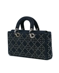 Preloved Quilted Denim Eyelet Top Handle Bag with Detachable Strap