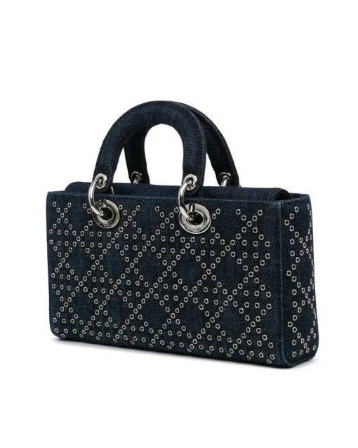 Preloved Quilted Denim Eyelet Top Handle Bag with Detachable Strap