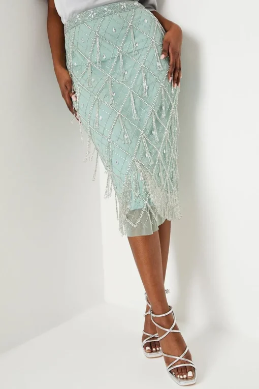 Premium Crystal Hand Embellished Midi Pencil Skirt