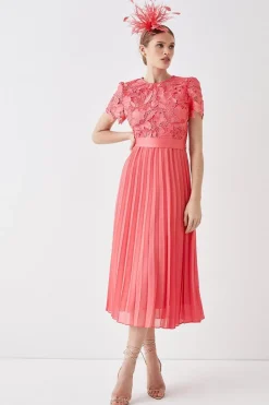 Premium Floral Satin Lace Pleat Skirt Midi Dress