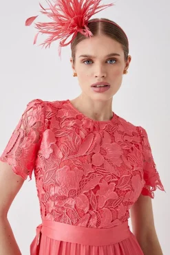 Premium Floral Satin Lace Pleat Skirt Midi Dress