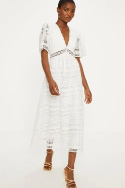 Premium Geo Lace Angel Sleeve V Neck Maxi Dress