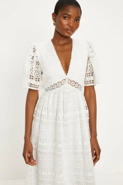 Premium Geo Lace Angel Sleeve V Neck Maxi Dress
