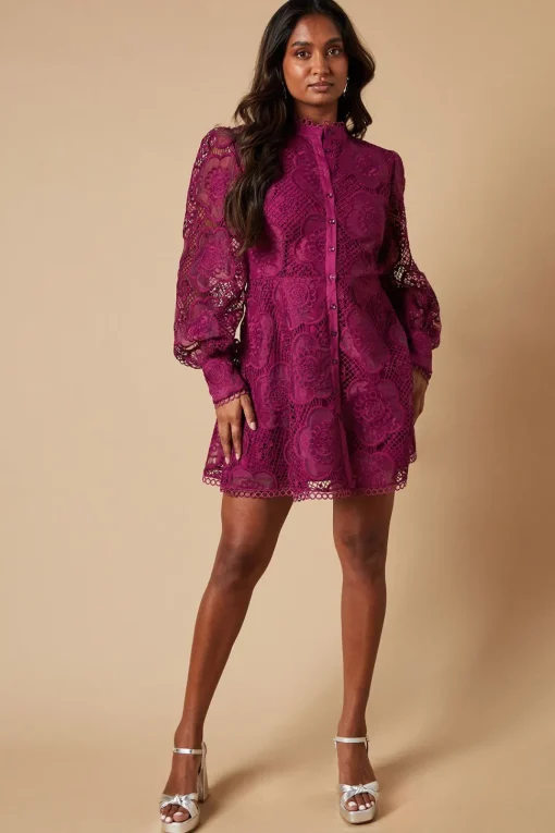Premium Organza Lace Trim Mini Shirt Dress