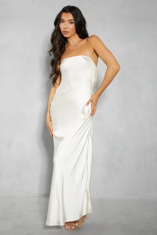 Premium Satin Bandeau Cowl Back Fishtail Maxi Dress