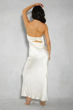 Premium Satin Bandeau Cowl Back Fishtail Maxi Dress