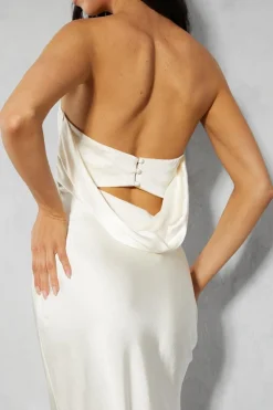 Premium Satin Bandeau Cowl Back Fishtail Maxi Dress