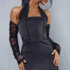 Premium Satin Corseted Mesh Insert Halterneck Mini Dress