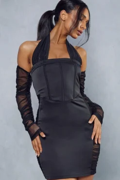 Premium Satin Corseted Mesh Insert Halterneck Mini Dress