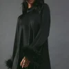 Premium Satin Feather High Neck Swing Mini Dress