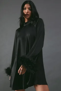 Premium Satin Feather High Neck Swing Mini Dress
