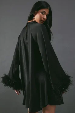 Premium Satin Feather High Neck Swing Mini Dress