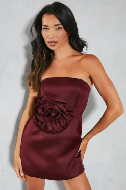 Premium Satin Floral Bandeau Mini Dress