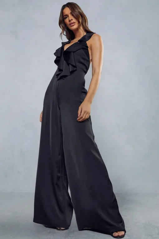 Premium Satin Frill Wide Leg Jumpsuit