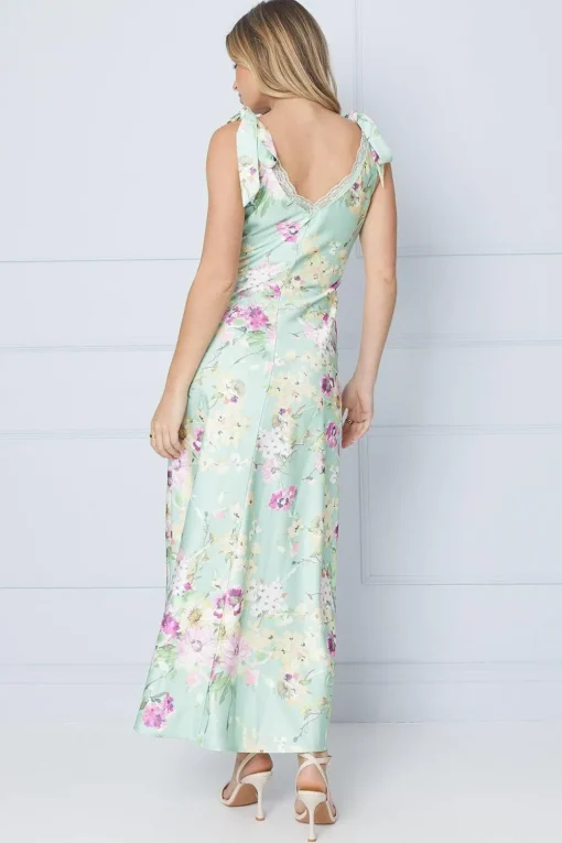 Premium Satin Lace Insert Tie Shoulder Midi Dress