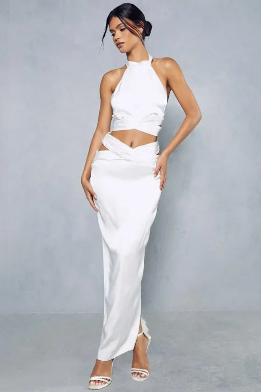Premium Satin Pleated Cross Front Detail Maxi Skirt