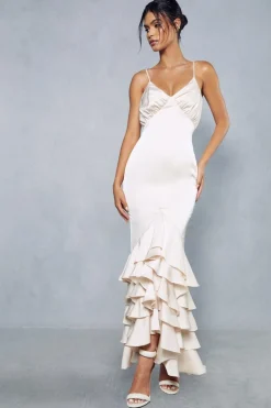 Premium Satin Ruched Bust Frill Hem Midaxi Dress