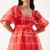 Print Organza Square Neck Mini Smock Dress