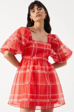 Print Organza Square Neck Mini Smock Dress