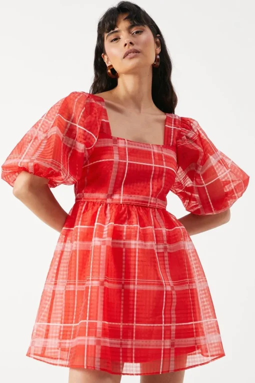 Print Organza Square Neck Mini Smock Dress