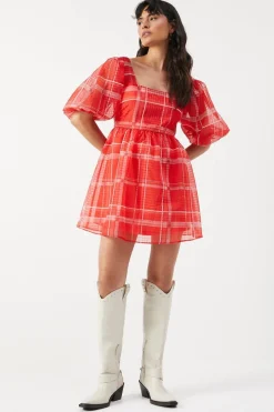 Print Organza Square Neck Mini Smock Dress