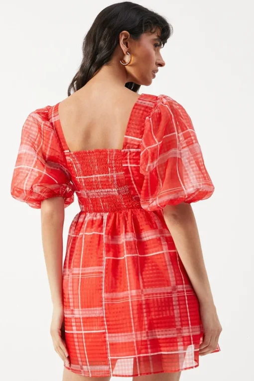 Print Organza Square Neck Mini Smock Dress