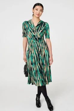 Printed 1/2 Sleeve Wrap Waist Midi Dress