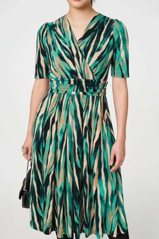 Printed 1/2 Sleeve Wrap Waist Midi Dress