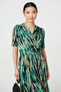 Printed 1/2 Sleeve Wrap Waist Midi Dress