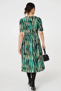 Printed 1/2 Sleeve Wrap Waist Midi Dress