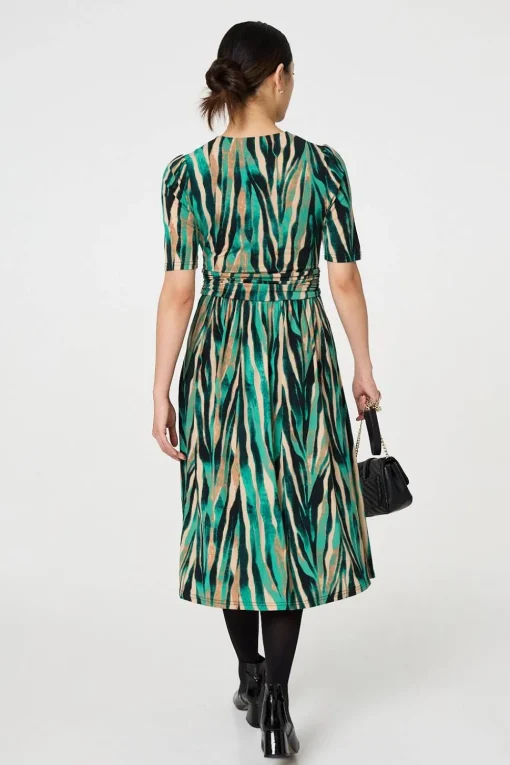 Printed 1/2 Sleeve Wrap Waist Midi Dress