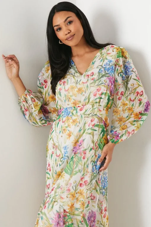 Printed Blouson Sleeve Midaxi Dress