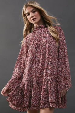 Printed Chiffon Drop Hem High Neck Flare Sleeve Mini Swing Dress