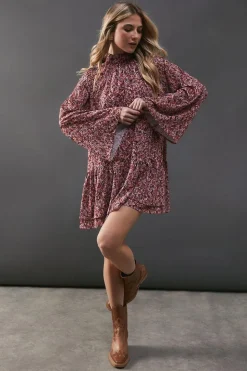 Printed Chiffon Drop Hem High Neck Flare Sleeve Mini Swing Dress