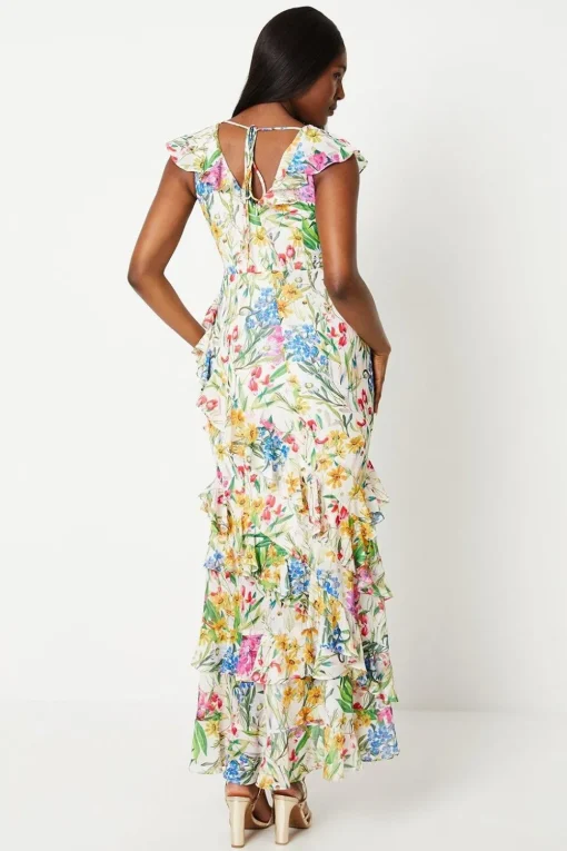 Printed Chiffon Ruffle Maxi Dress