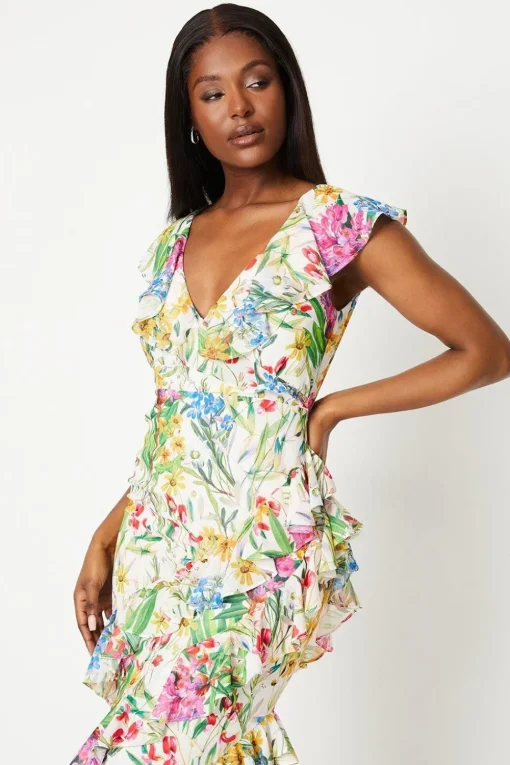Printed Chiffon Ruffle Maxi Dress