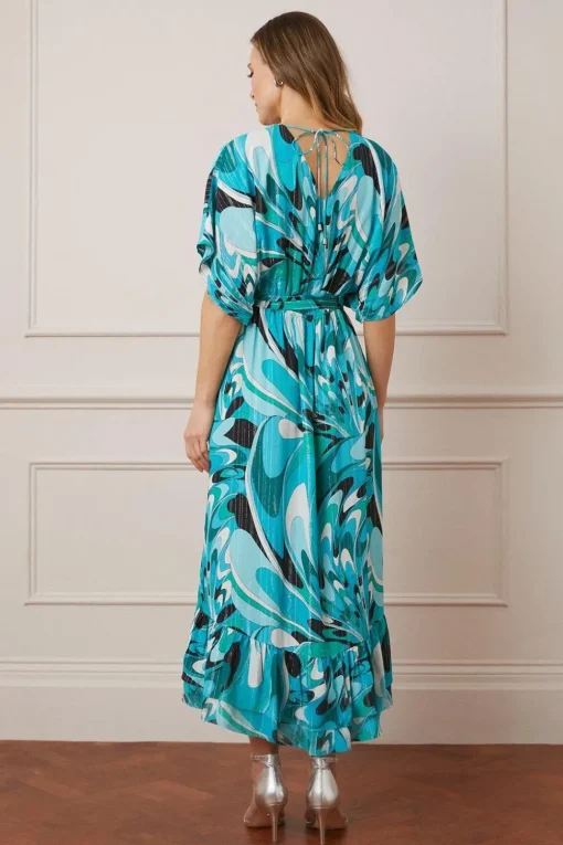 Printed Glitter Stripe Ruffle Hem Midaxi Dress