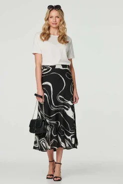 Printed High Waist A-Line Midi Skirt
