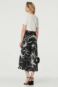 Printed High Waist A-Line Midi Skirt