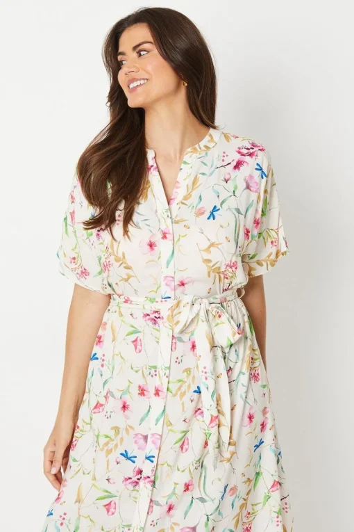 Printed Kimono Sleeve Belted Wrap Midi Dress